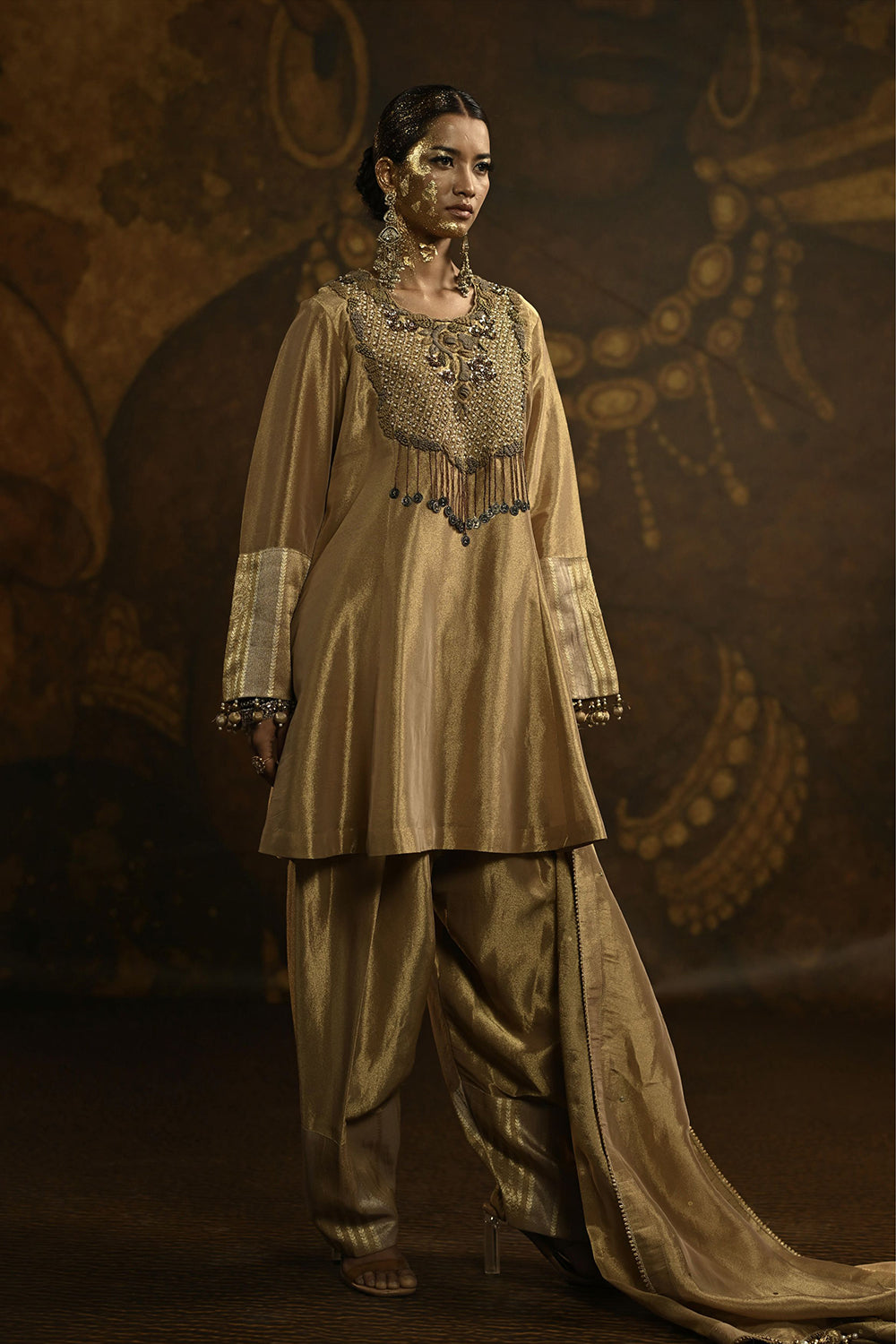 Champagne Gold Banarsi Silk Tissue Brocade Kurta Set With Ornate Neckline And Elegant Dupatta
