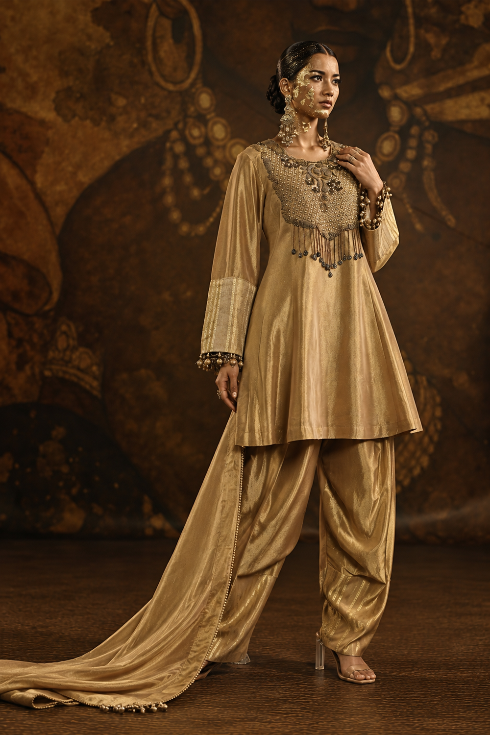 Champagne Gold Banarsi Silk Tissue Brocade Kurta Set With Ornate Neckline And Elegant Dupatta