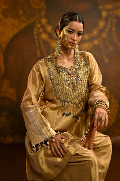 Champagne Gold Banarsi Silk Tissue Brocade Kurta Set With Ornate Neckline And Elegant Dupatta