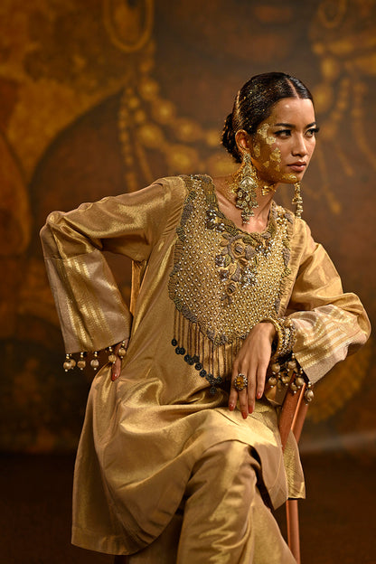 Champagne Gold Banarsi Silk Tissue Brocade Kurta Set With Ornate Neckline And Elegant Dupatta