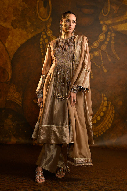 Champagne Gold Banarsi Silk Tissue Brocade Kurta Set With Ornate Neckline And Patiala Pants