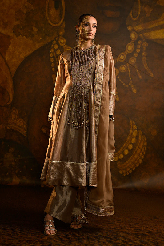 Champagne Gold Banarsi Silk Tissue Brocade Kurta Set With Ornate Neckline And Patiala Pants
