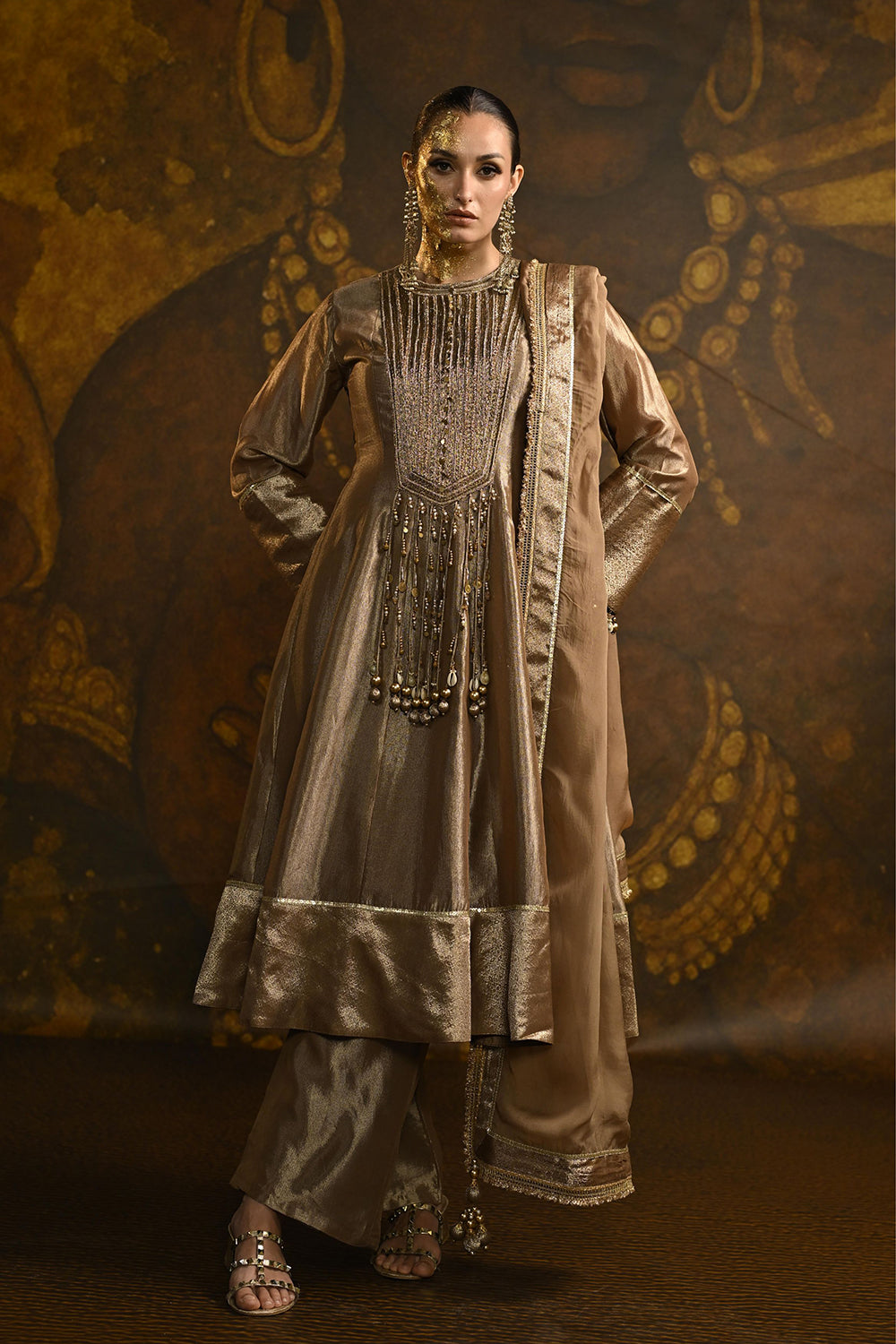 Champagne Gold Banarsi Silk Tissue Brocade Kurta Set With Ornate Neckline And Patiala Pants