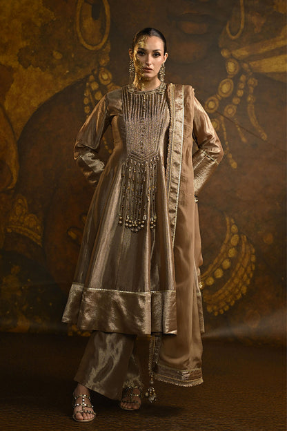 Champagne Gold Banarsi Silk Tissue Brocade Kurta Set With Ornate Neckline And Patiala Pants