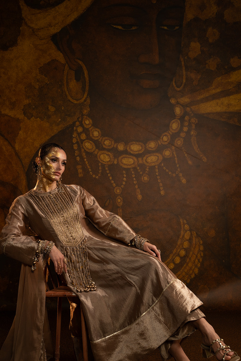 Champagne Gold Banarsi Silk Tissue Brocade Kurta Set With Ornate Neckline And Patiala Pants