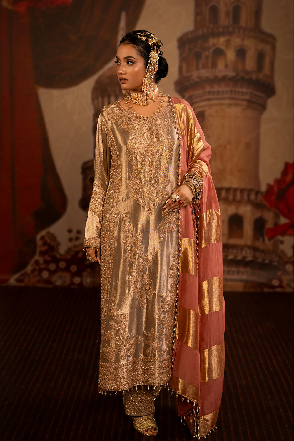 Champagne Gold Banarsi Silk Tissue Kurta Set With Pink Striped Dupatta And Detailing