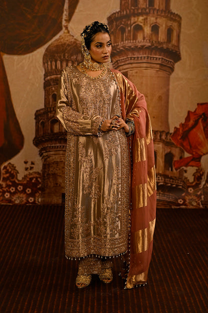 Champagne Gold Banarsi Silk Tissue Kurta Set With Pink Striped Dupatta And Detailing