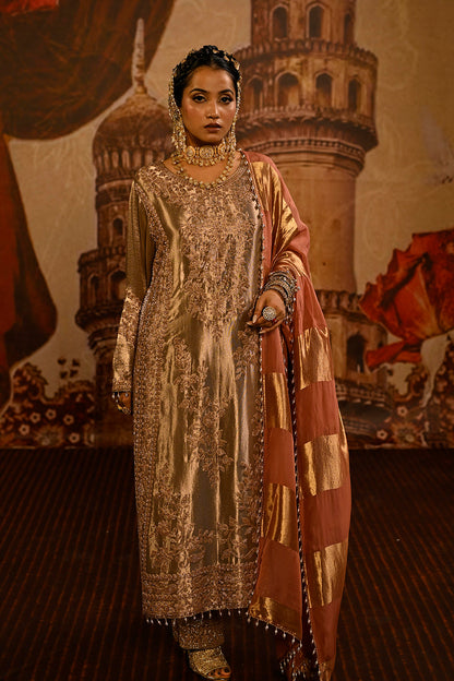 Champagne Gold Banarsi Silk Tissue Kurta Set With Pink Striped Dupatta And Detailing