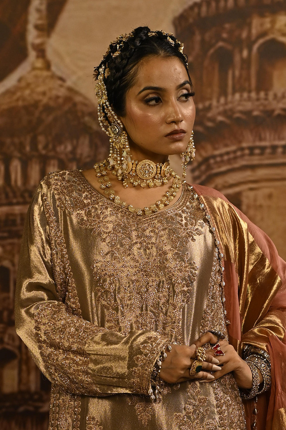 Champagne Gold Banarsi Silk Tissue Kurta Set With Pink Striped Dupatta And Detailing