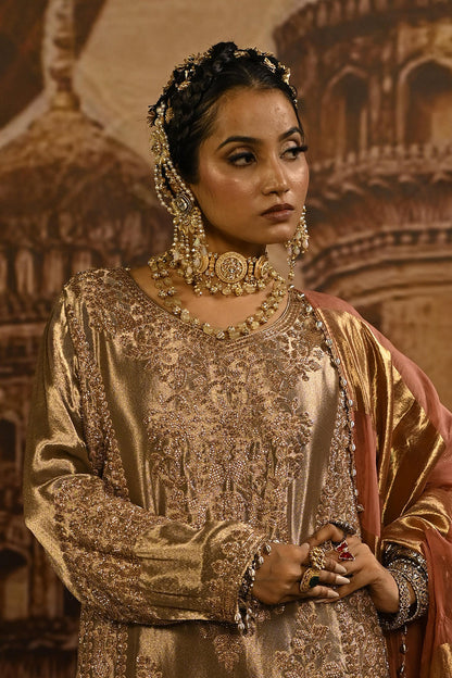 Champagne Gold Banarsi Silk Tissue Kurta Set With Pink Striped Dupatta And Detailing