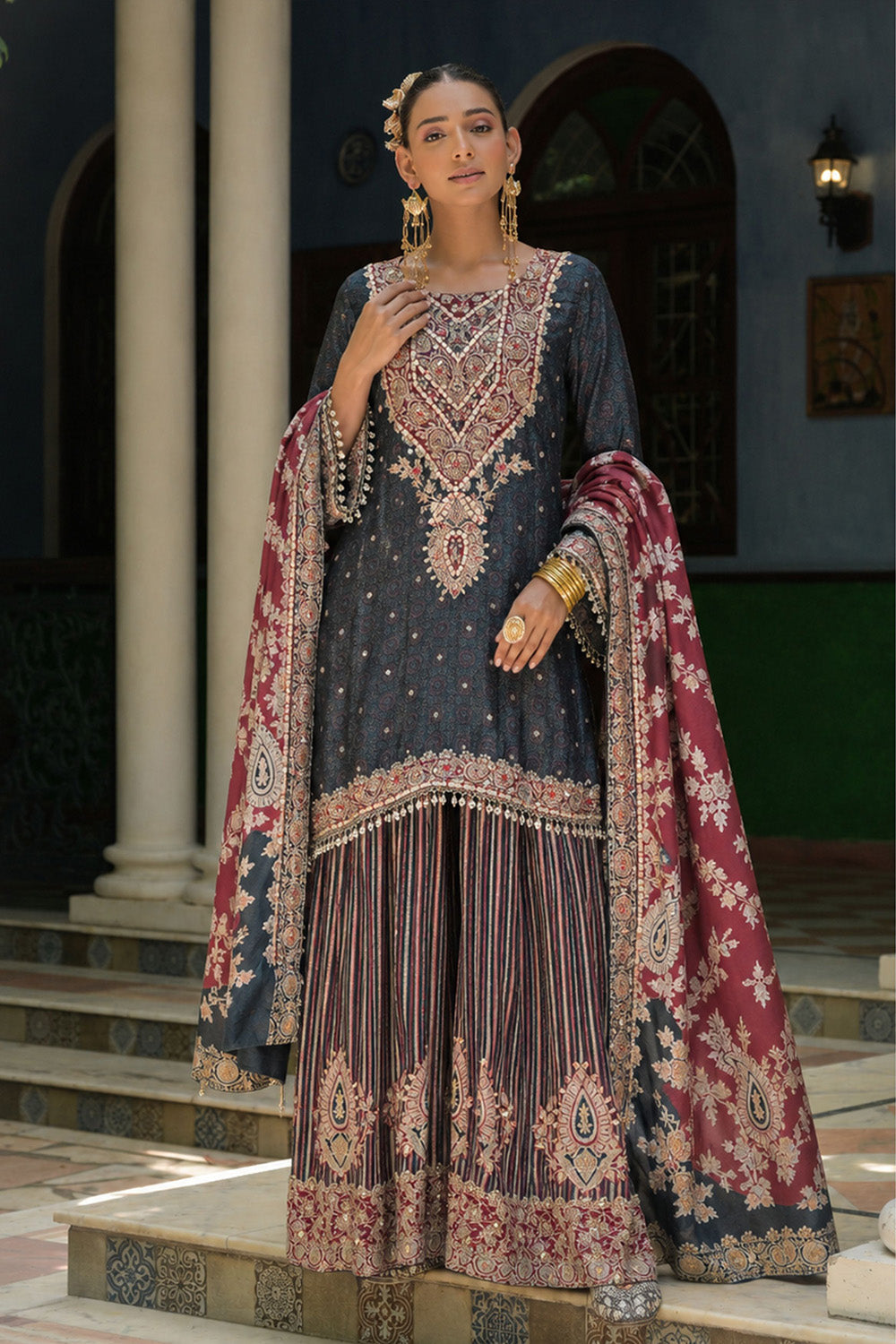 Charcoal Crepe Sharara Suit With Printed Kurta And Dupatta Design