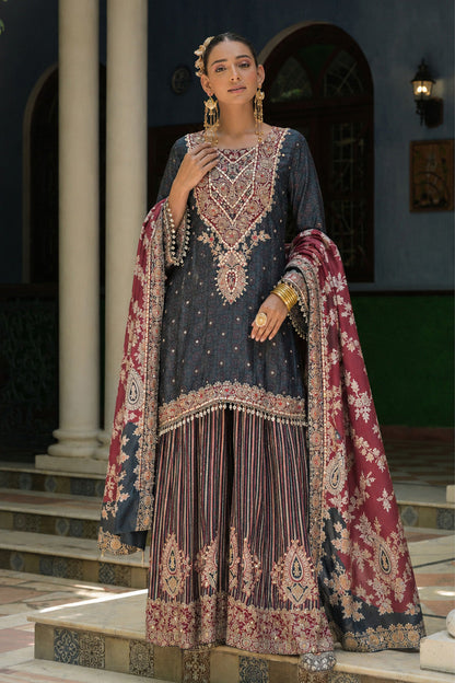 Charcoal Crepe Sharara Suit With Printed Kurta And Dupatta Design