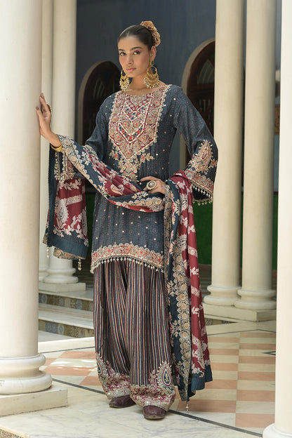Charcoal Crepe Sharara Suit With Printed Kurta And Dupatta Design