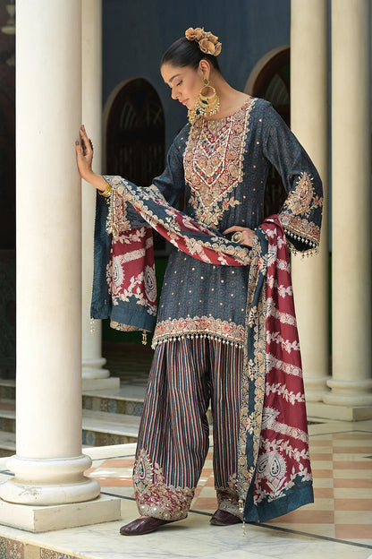 Charcoal Crepe Sharara Suit With Printed Kurta And Dupatta Design