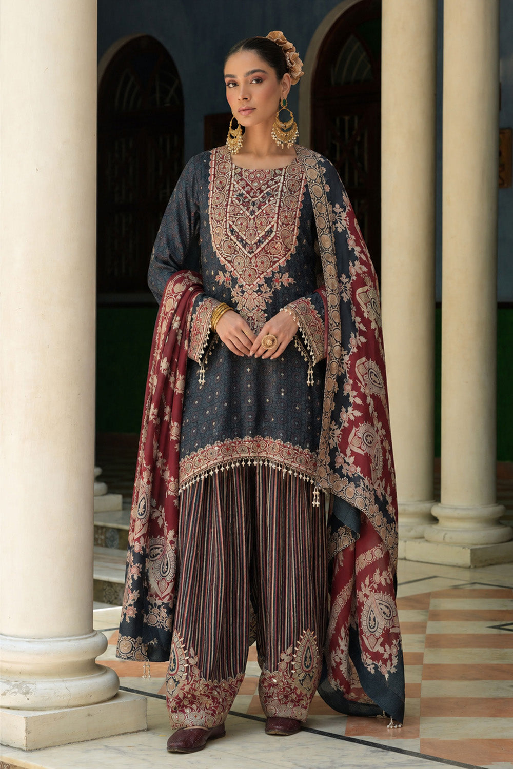 Charcoal Crepe Short Kurti With Printed Farshi Pants And Dupatta