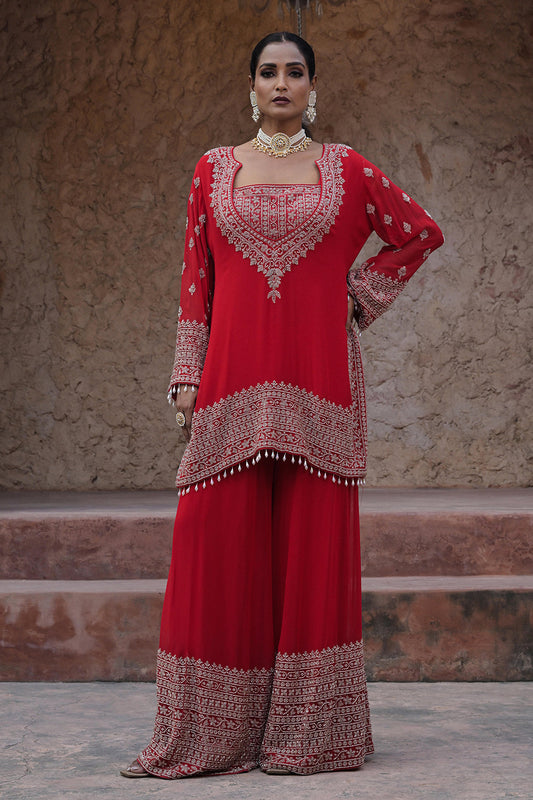 Classic Red Georgette Beads Work Kurta Palazzo Set