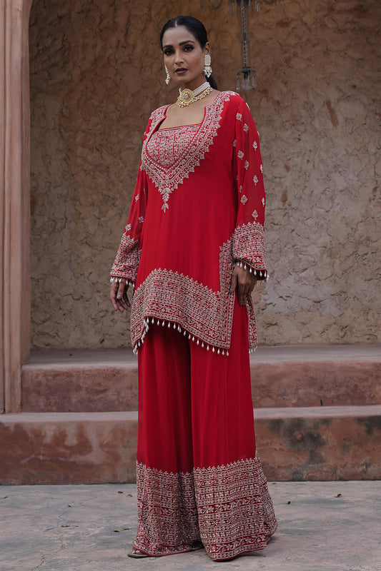 Classic Red Georgette Beads Work Kurta Palazzo Set
