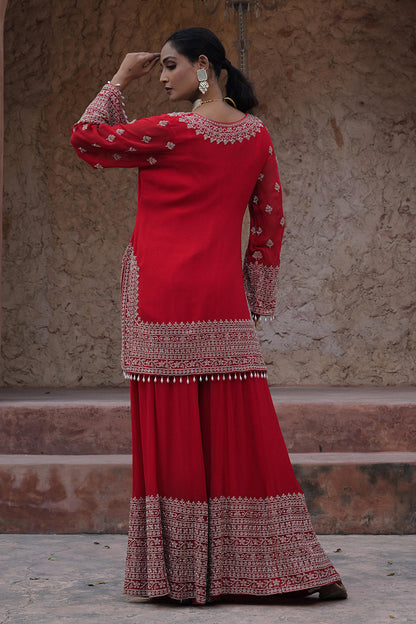Classic Red Georgette Beads Work Kurta Palazzo Set
