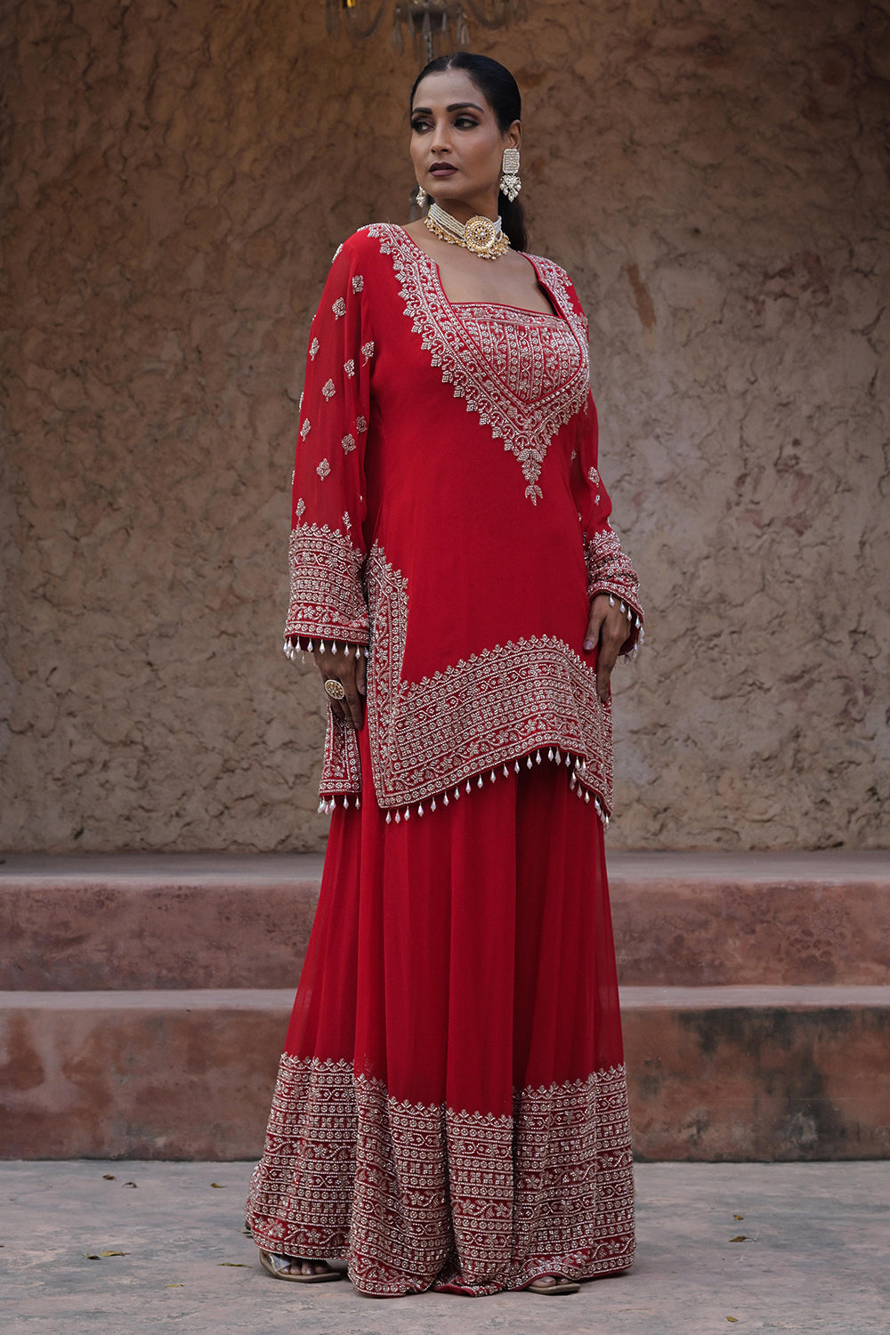 Classic Red Georgette Beads Work Kurta Palazzo Set