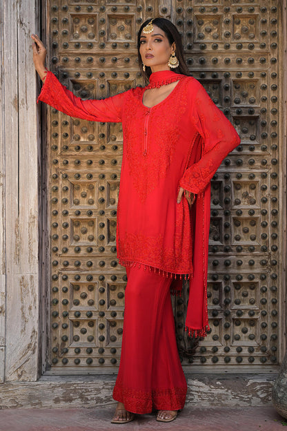 Classic Red Georgette Beads Work Straight Kurta Set
