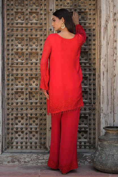 Classic Red Georgette Beads Work Straight Kurta Set