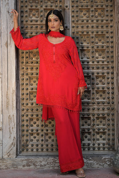 Classic Red Georgette Beads Work Straight Kurta Set