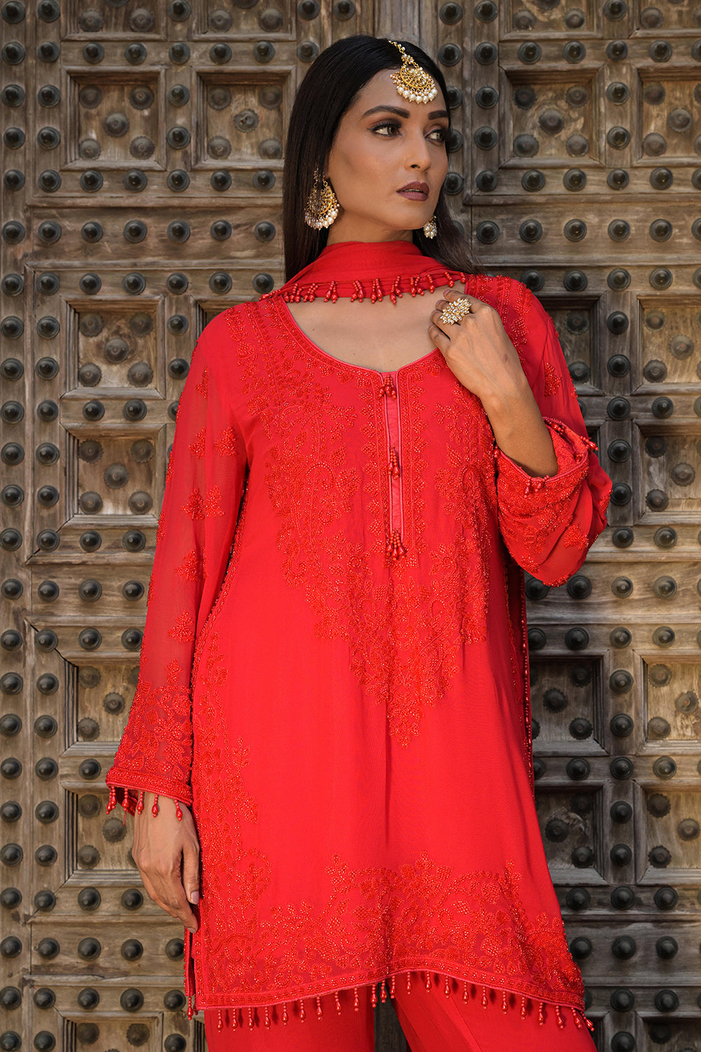 Classic Red Georgette Beads Work Straight Kurta Set