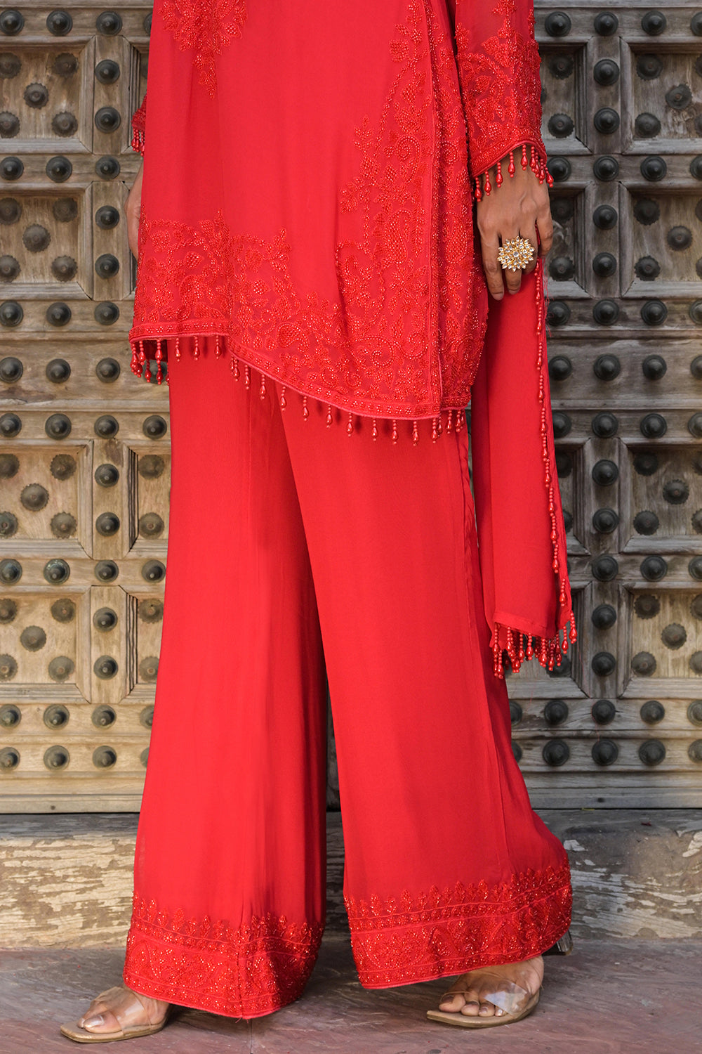 Classic Red Georgette Beads Work Straight Kurta Set