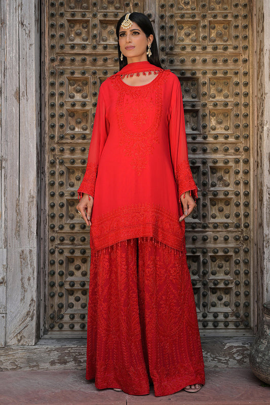 Classic Red Georgette Kurta Sharara Set with Beads Embroidery