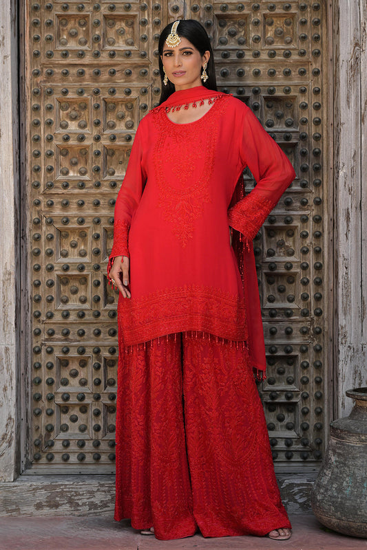Classic Red Georgette Kurta Sharara Set with Beads Embroidery