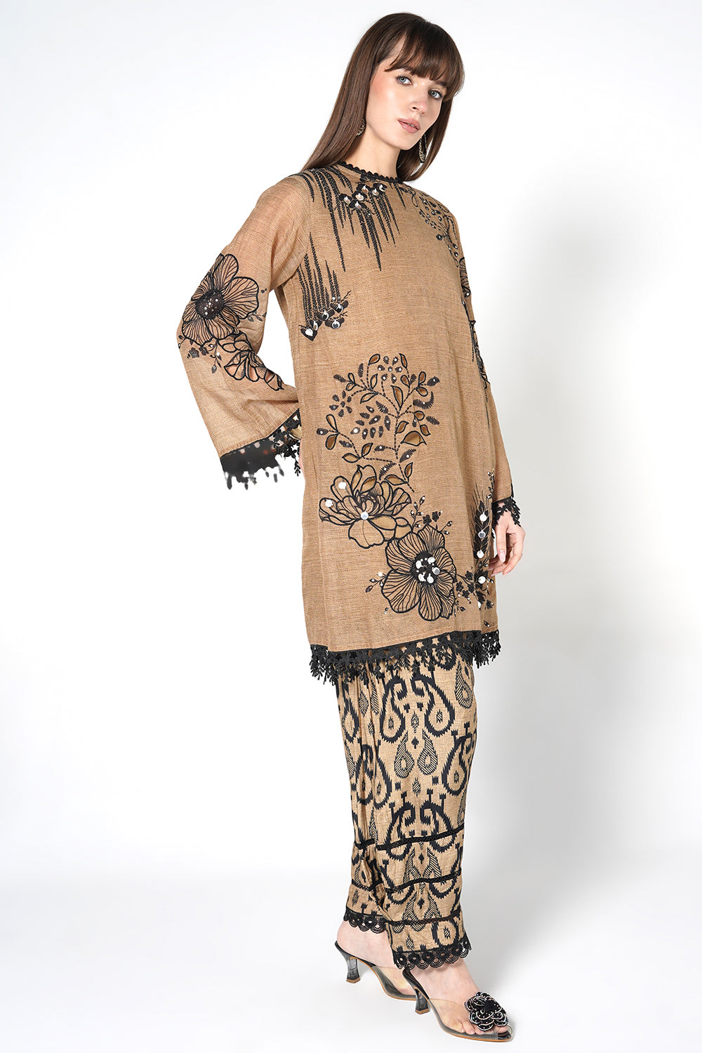 Daily Drama Brown Black Linen Printed Co-ord Set