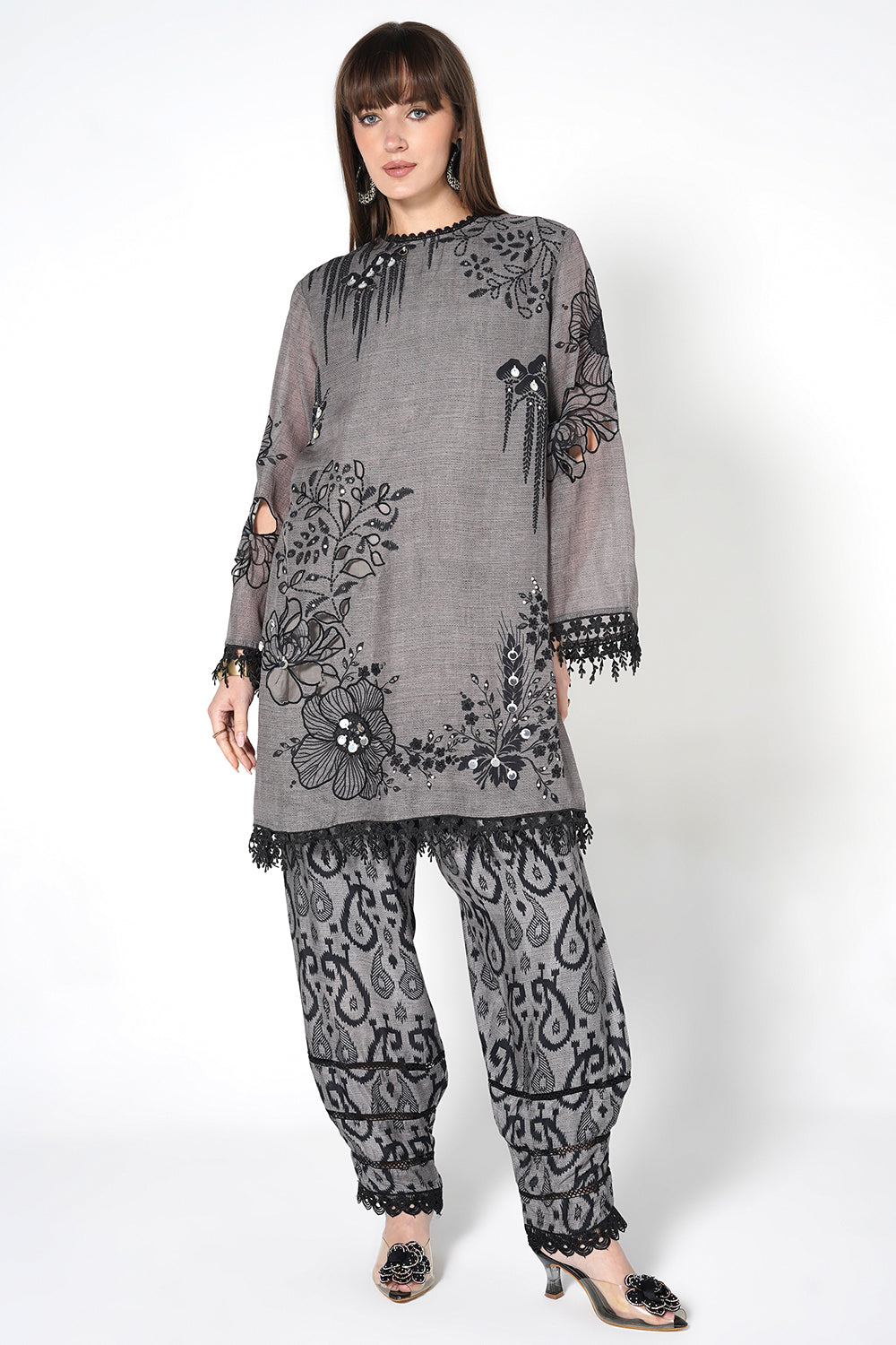 Daily Drama Grey Linen Designer Kurta Palazzo Set