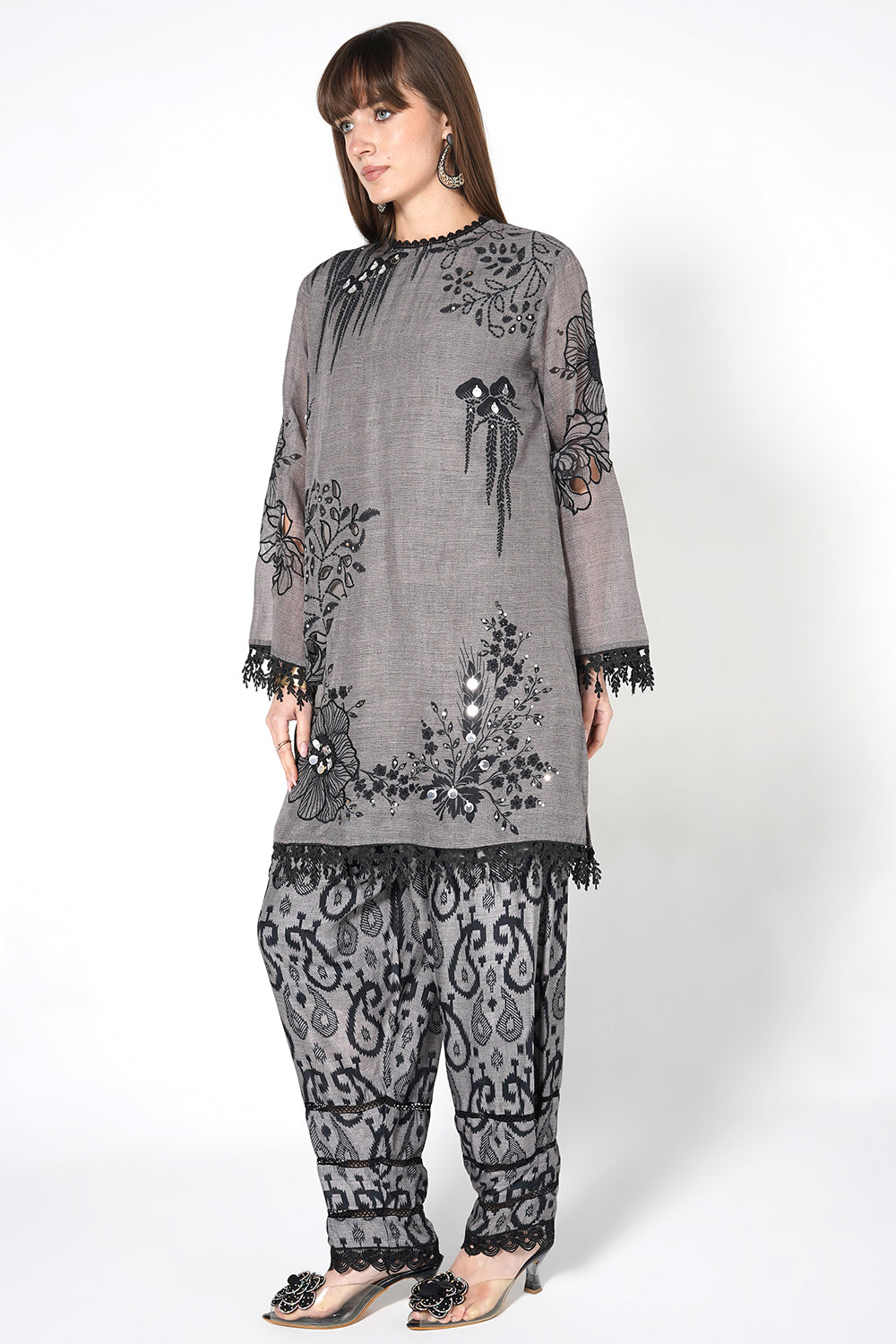 Daily Drama Grey Linen Designer Kurta Palazzo Set