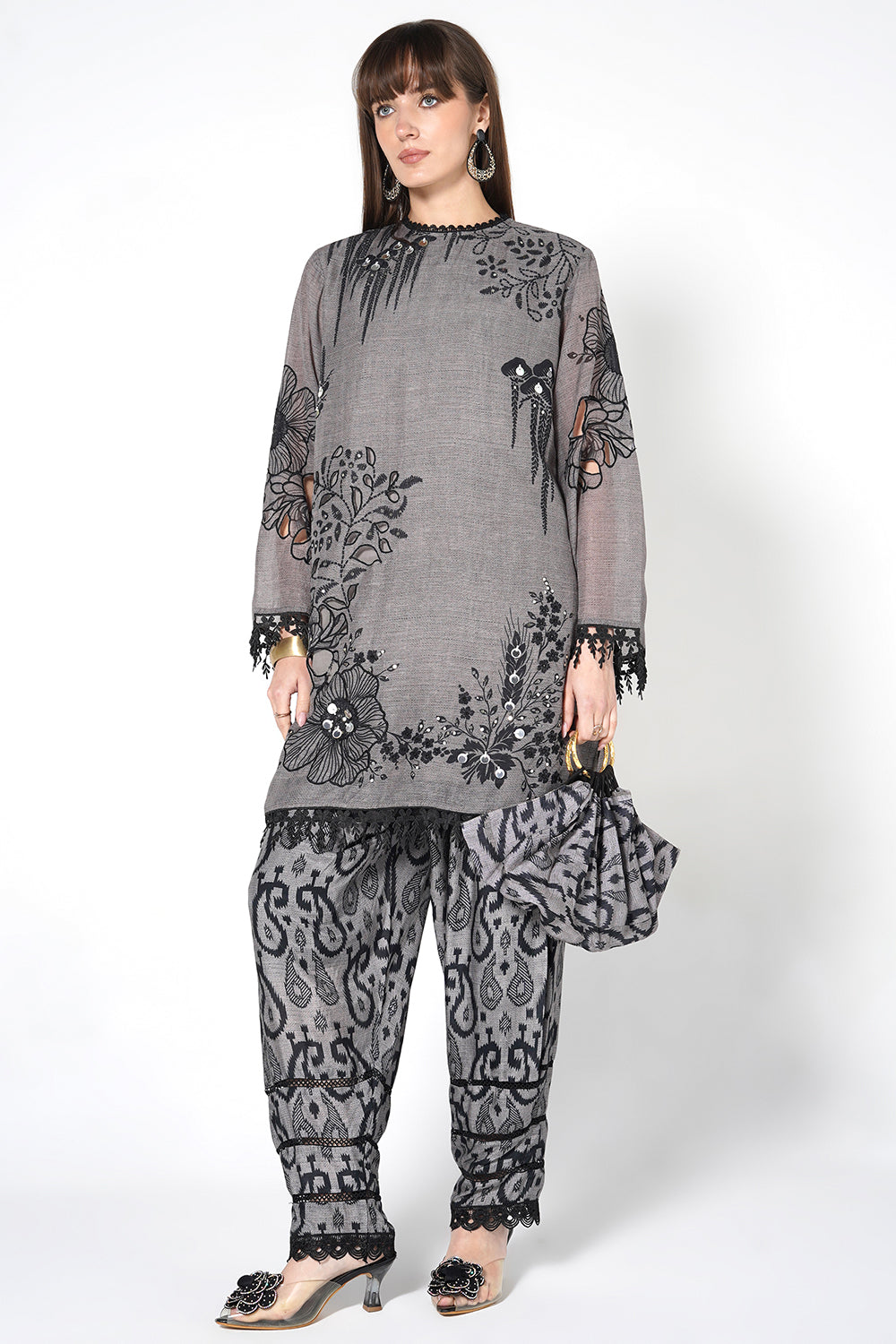 Daily Drama Grey Linen Designer Kurta Palazzo Set