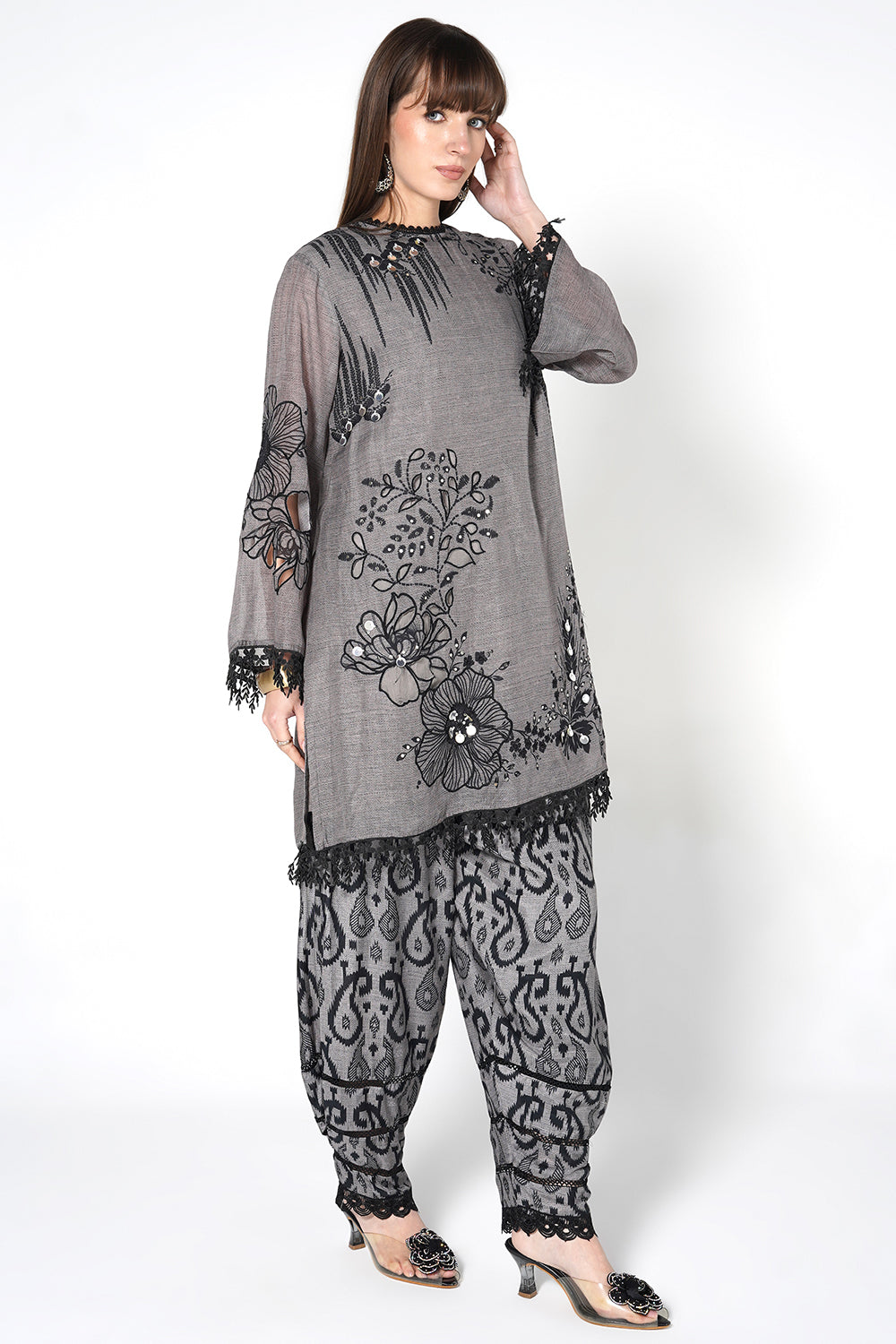 Daily Drama Grey Linen Designer Kurta Palazzo Set