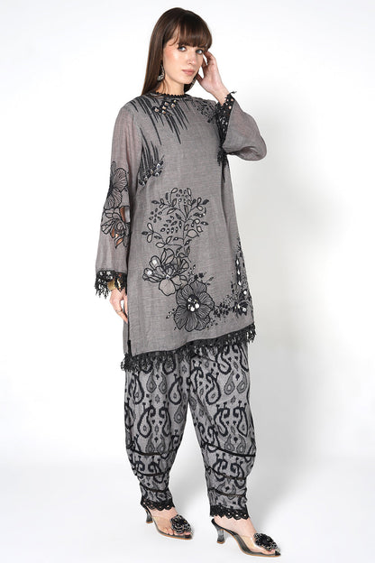 Daily Drama Grey Linen Designer Kurta Palazzo Set