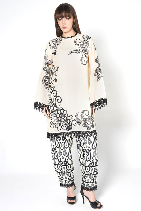 Daily Drama Ivory Black Linen Designer Co-Ord Set