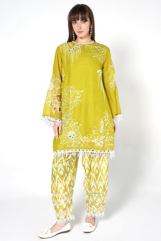 Daily Drama Mehndi Green Linen Designer Co-Ord Set