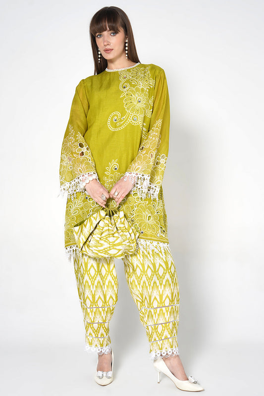 Daily Drama Mehndi White Linen Designer Co-Ord Set
