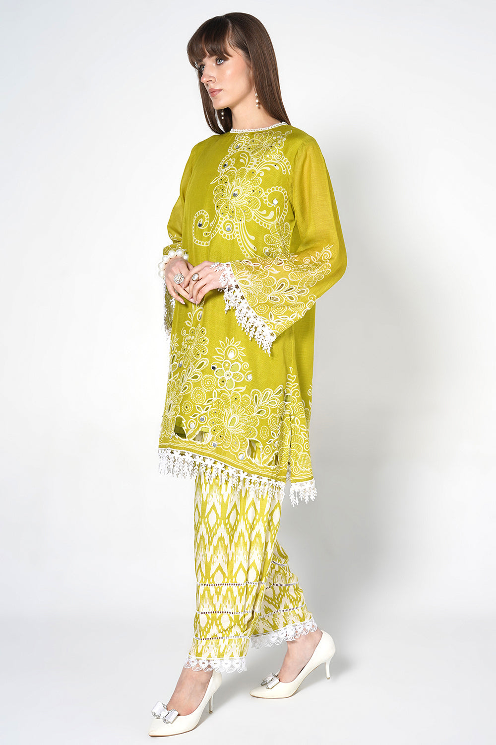 Daily Drama Mehndi White Linen Designer Co-Ord Set