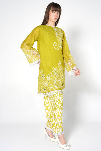 Daily Drama Mehndi White Linen Designer Co-Ord Set