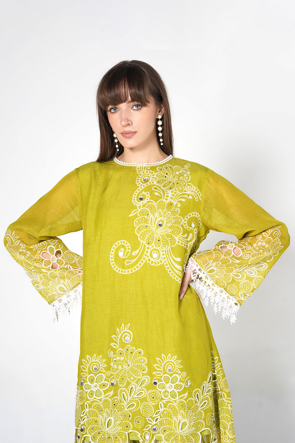 Daily Drama Mehndi White Linen Designer Co-Ord Set