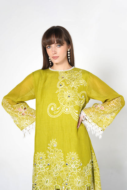Daily Drama Mehndi White Linen Designer Co-Ord Set