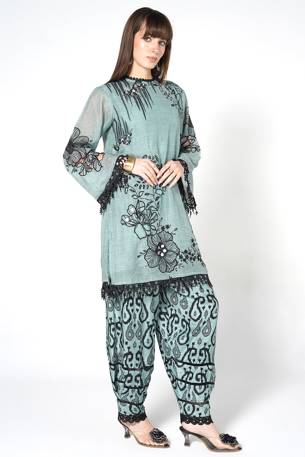 Daily Drama Mint Green Linen Printed Co-Ord Set