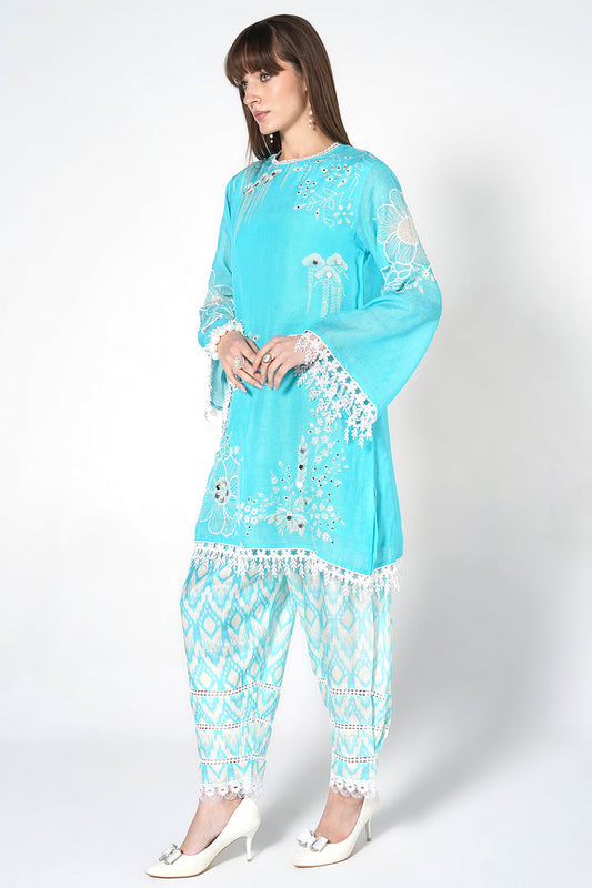 Daily Drama Powder Blue Linen Printed Co-Ord Set