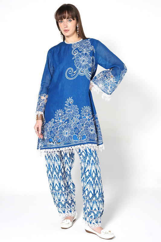 Daily Drama Royal Blue Linen Printed Co-Ord Set