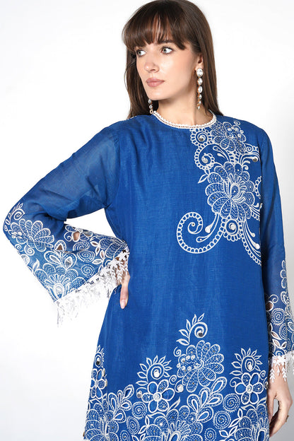 Daily Drama Royal Blue Linen Printed Co-Ord Set