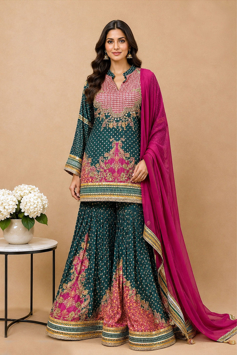 Emerald Green Crepe Sharara Suit With Pink Printed Floral Detailing