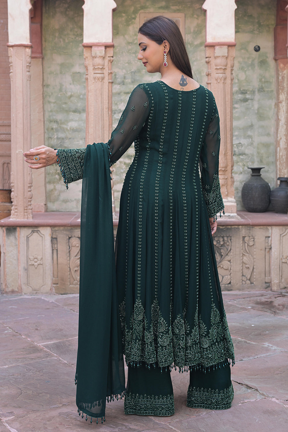 Emerald Green Georgette Beads Work Anarkali Suit Set