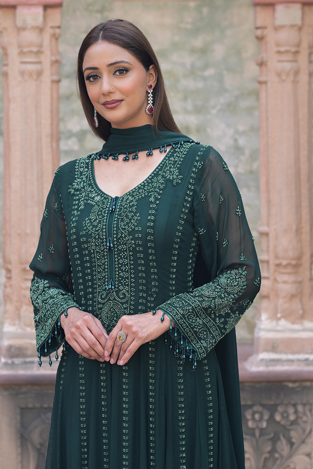 Emerald Green Georgette Beads Work Anarkali Suit Set